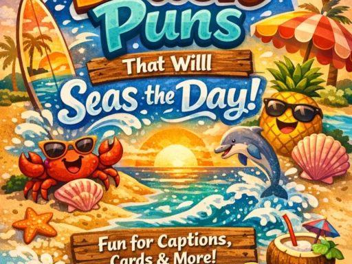 Sunny beach scene with 150+ beach puns text overlay