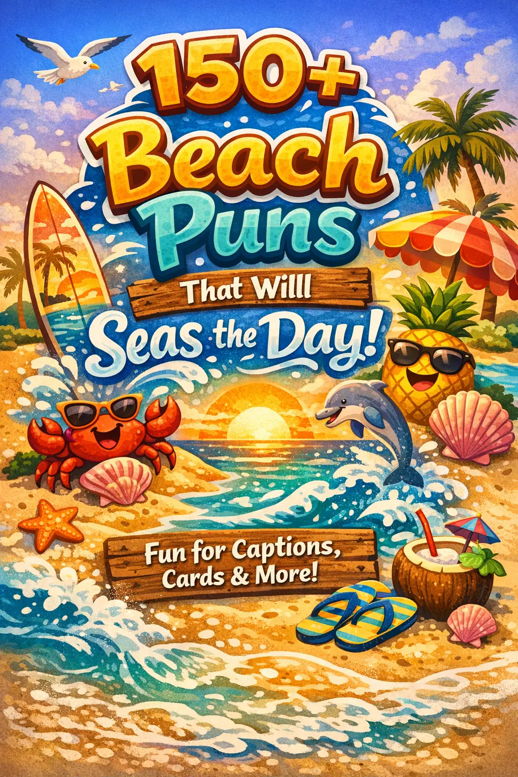 Sunny beach scene with 150+ beach puns text overlay
