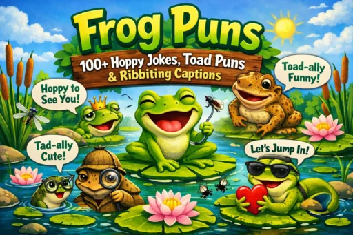 Frog puns – cute green frog on a lily pad with text for 100+ hoppy jokes, toad puns and ribbiting captions