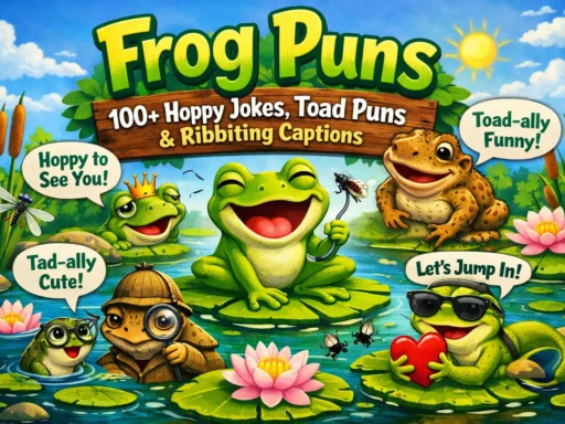 Frog puns – cute green frog on a lily pad with text for 100+ hoppy jokes, toad puns and ribbiting captions