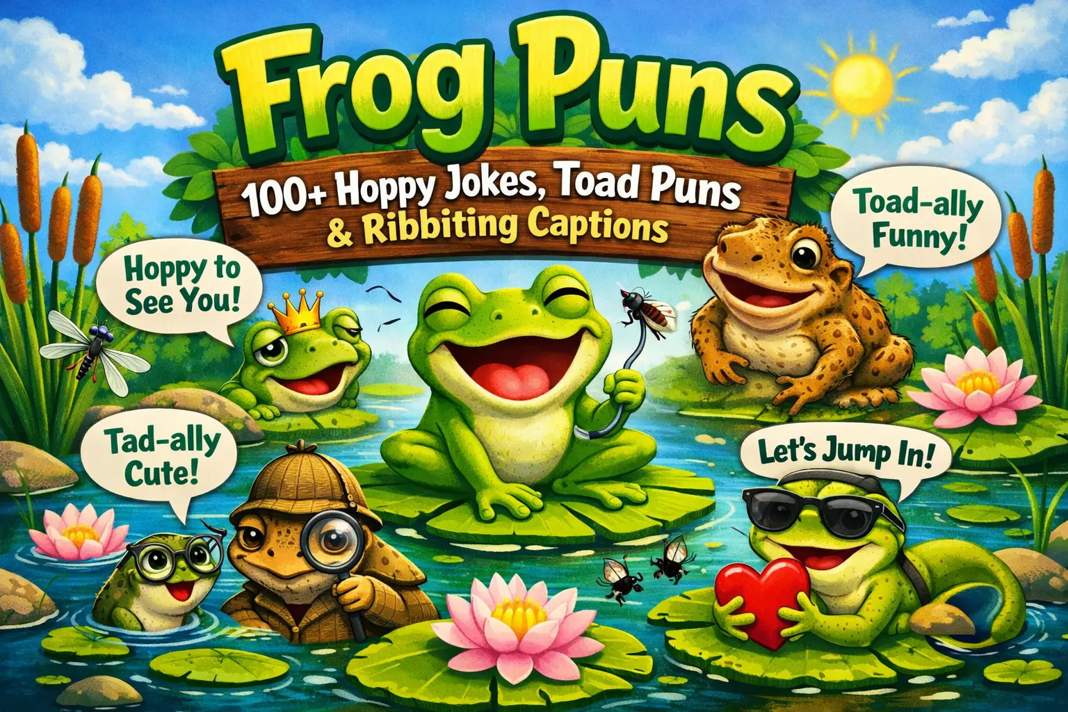 Frog puns – cute green frog on a lily pad with text for 100+ hoppy jokes, toad puns and ribbiting captions