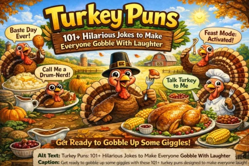 Funny Thanksgiving turkey on dinner table representing turkey puns and jokes