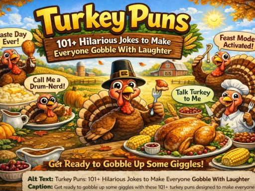Funny Thanksgiving turkey on dinner table representing turkey puns and jokes
