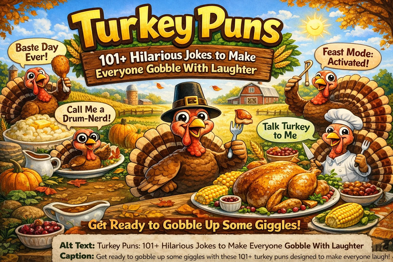Funny Thanksgiving turkey on dinner table representing turkey puns and jokes