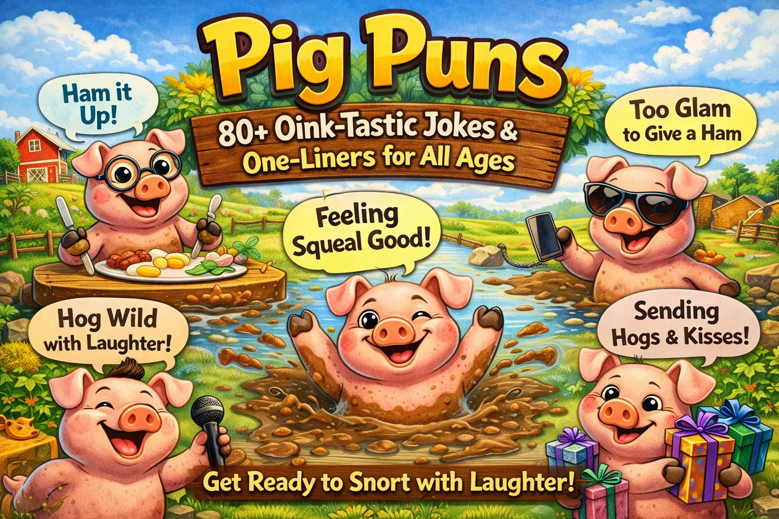 Cute pig illustration for funny pig puns and jokes collection