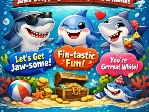 Funny cartoon shark with sunglasses and 150+ shark puns text overlay