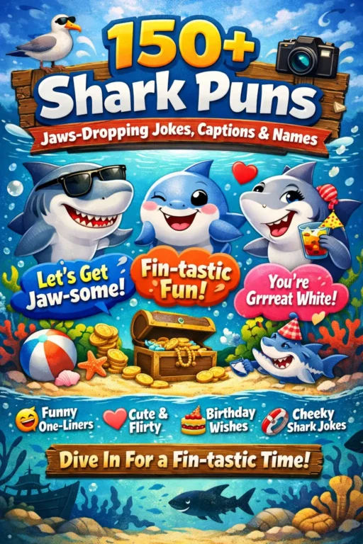 Funny cartoon shark with sunglasses and 150+ shark puns text overlay