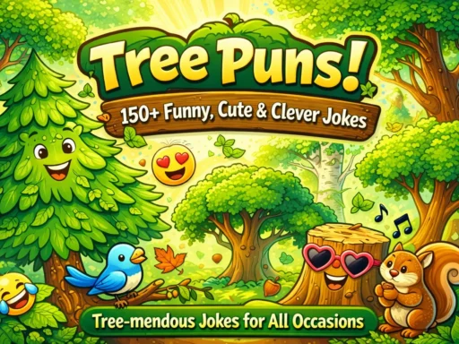 Tall smiling cartoon tree in forest with 150+ tree puns overlay