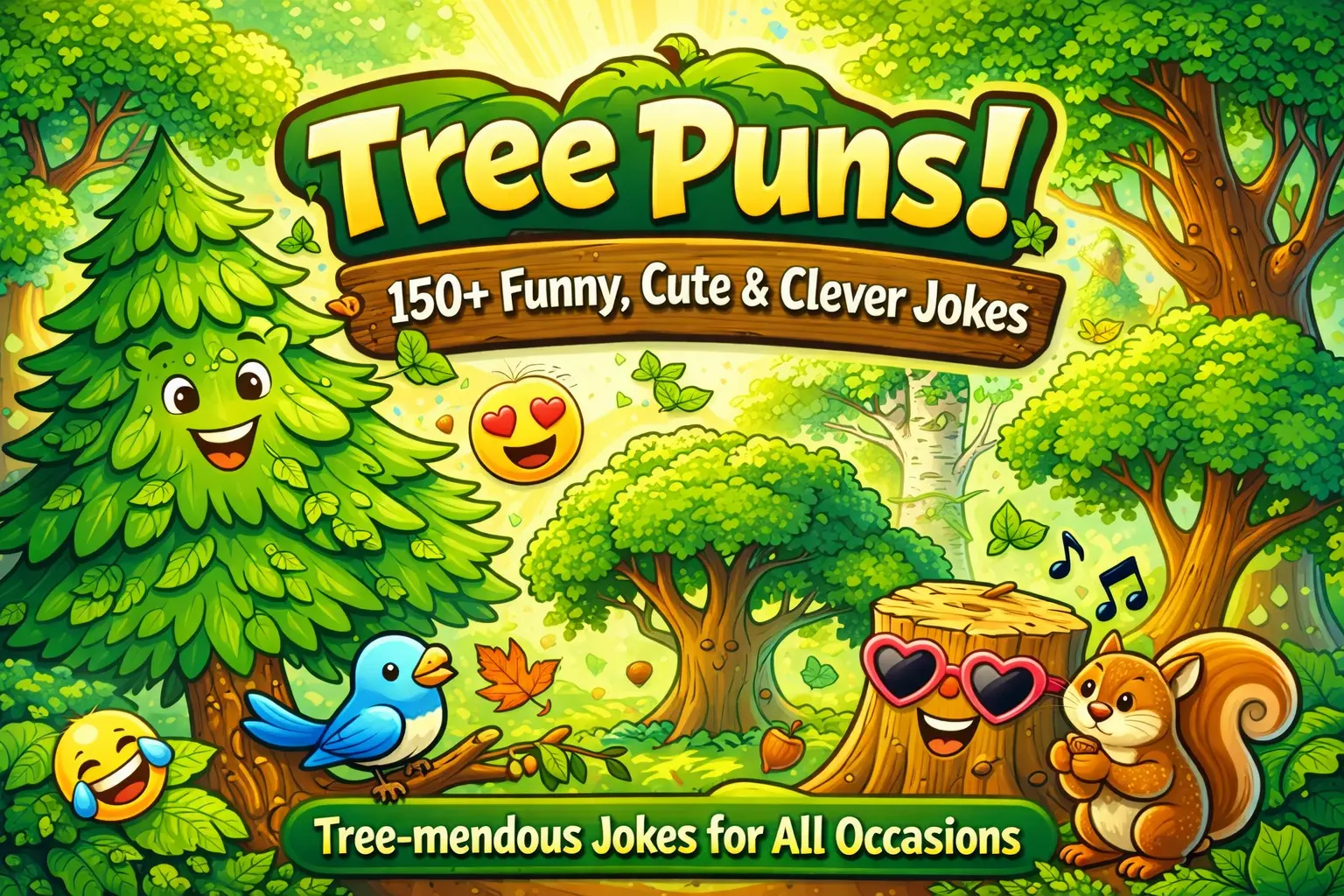 Tall smiling cartoon tree in forest with 150+ tree puns overlay