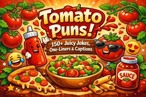Fresh ripe tomatoes on the vine with 150+ tomato puns overlay