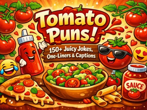 Fresh ripe tomatoes on the vine with 150+ tomato puns overlay