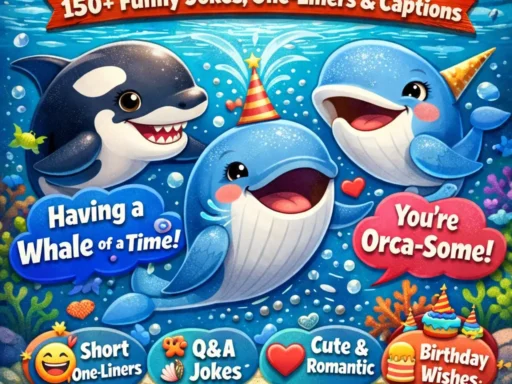 Funny cartoon whale jumping with 150+ whale puns text overlay