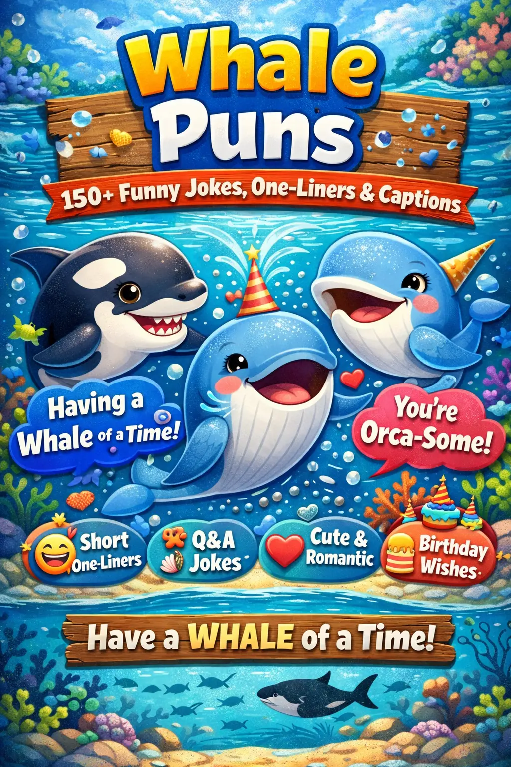 Funny cartoon whale jumping with 150+ whale puns text overlay